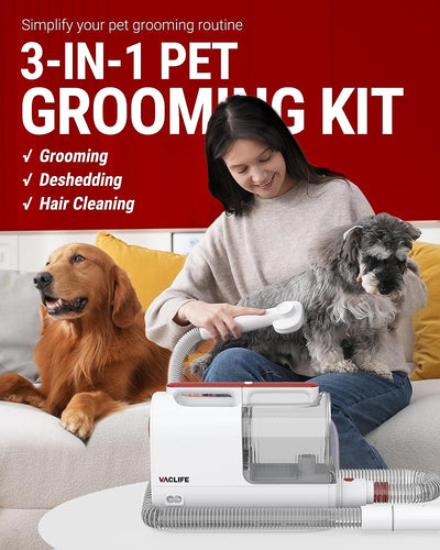 VacLife Pet Hair Vacuum For Shedding Grooming With Dog Clipper - Multipurpose Dog Grooming Kit With Brushes And Other Grooming Tools For Dogs And Cats - Low-Noise - White And Red - PetsWage