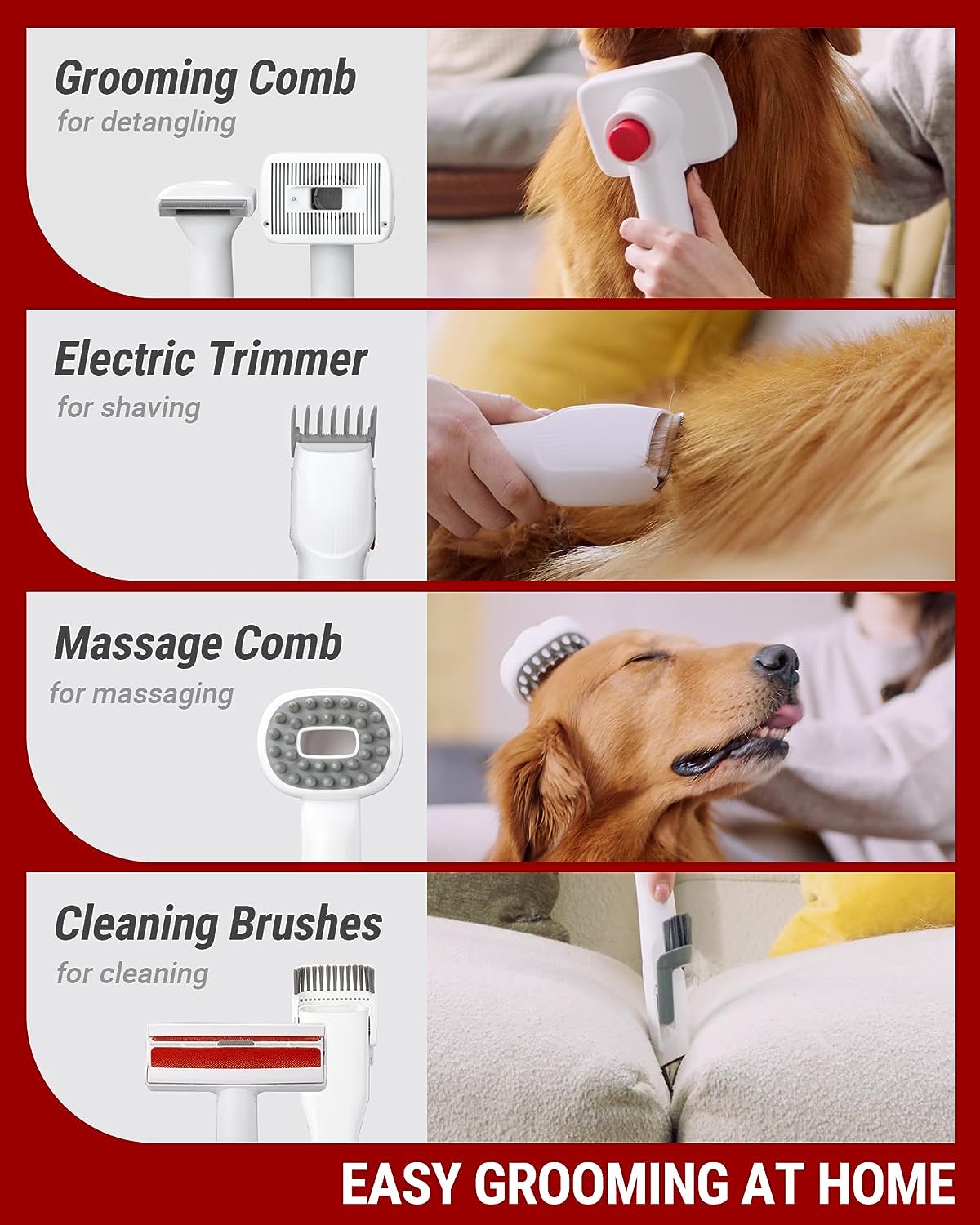 VacLife Pet Hair Vacuum For Shedding Grooming With Dog Clipper - Multipurpose Dog Grooming Kit With Brushes And Other Grooming Tools For Dogs And Cats - Low-Noise - White And Red - PetsWage