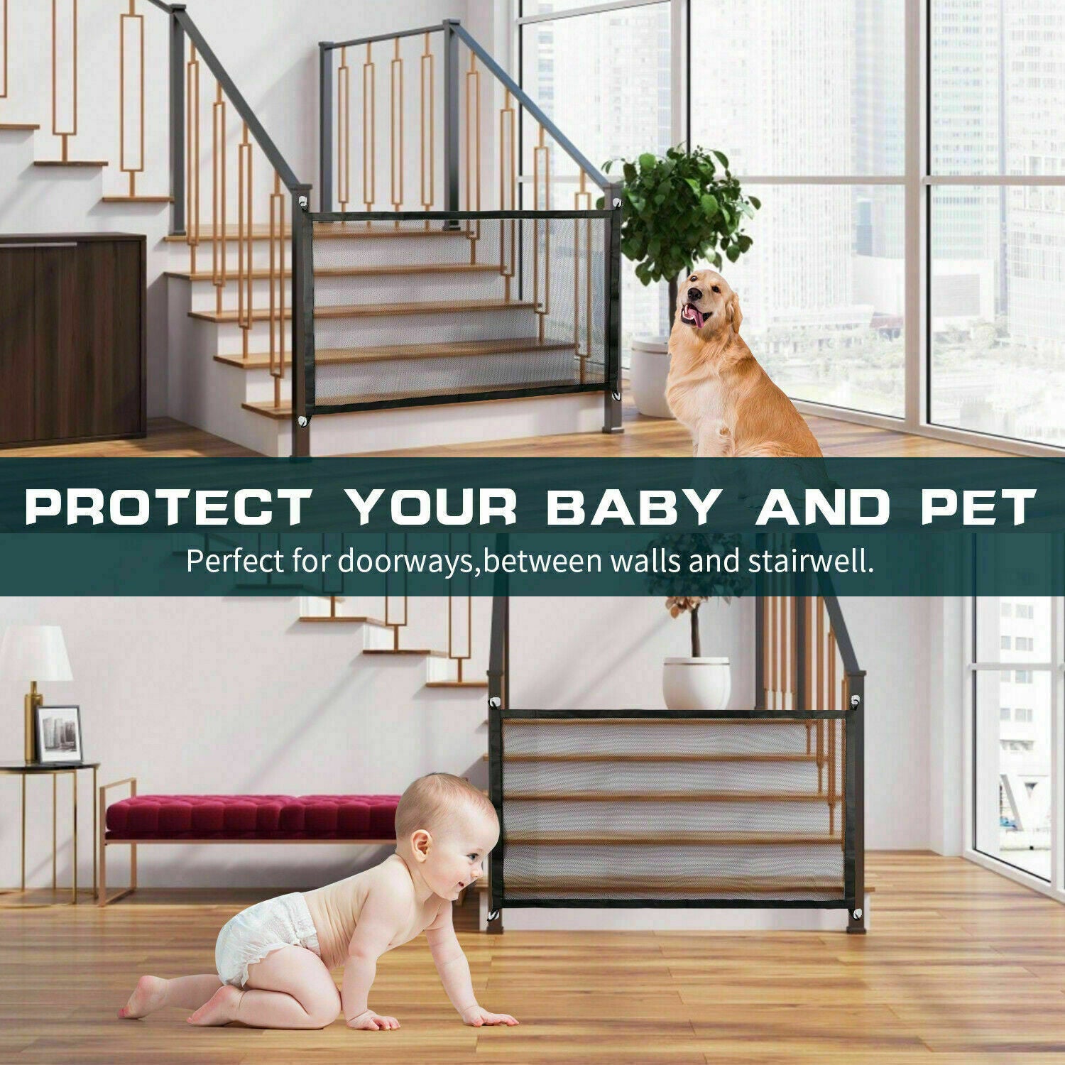 Pets Dog Cat Baby Safety Gate Mesh Fence Magic Portable Guard Net Stairs Doors - PetsWage